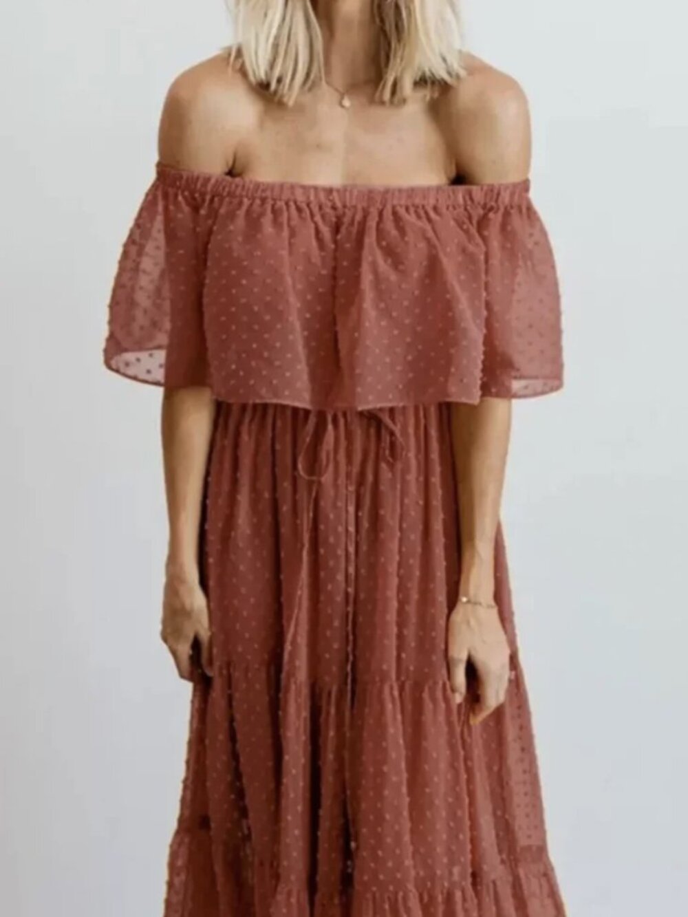 NWT - Baltic Born Swiss Dot Off-the-Shoulder Maxi Dress in Mauve - Picture 2 of 6